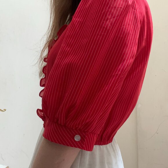 Vintage Cheekaberry Red & White Pinstripe Midi Dress | Ruffle Trim | M/L - Picture 2 of 6